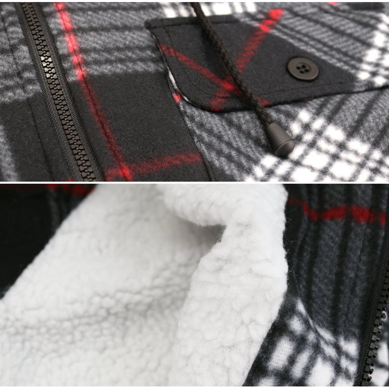 Men's Heavyweight Flannel Zip Up Fleece Lined Plaid Sherpa Hoodie Jacket  (MFJ130 Red, 4XL)