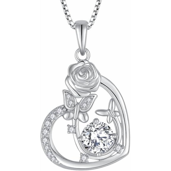 Butterfly Rose Flower Necklace for Women, April Birthstone Created Diamond Pendant Necklace 925 Sterling Silver Butterfly Jewelry Gift for Mom