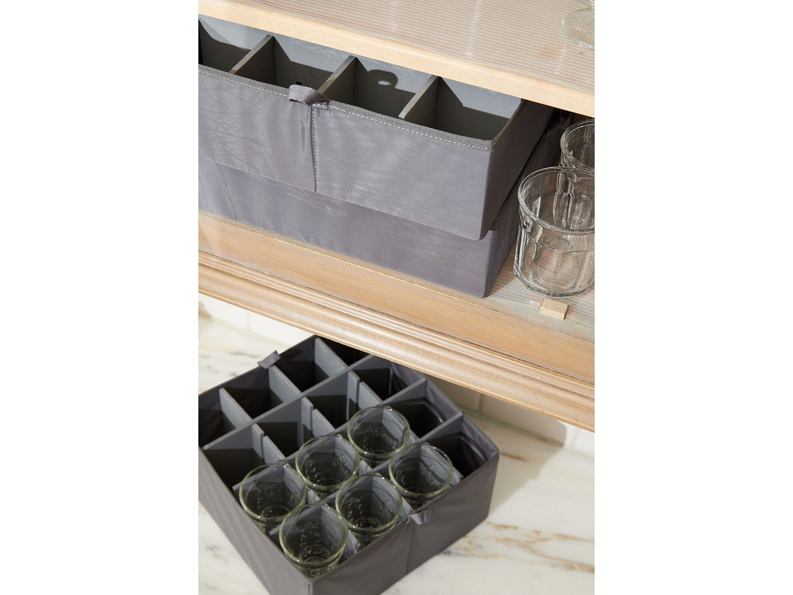 Kitchen Cube Glassware Storage Bin - Durable Polyester, Adjustable Compartments, Sturdy Interior Walls, ID Window, Kitchen Storage, Brown Heather