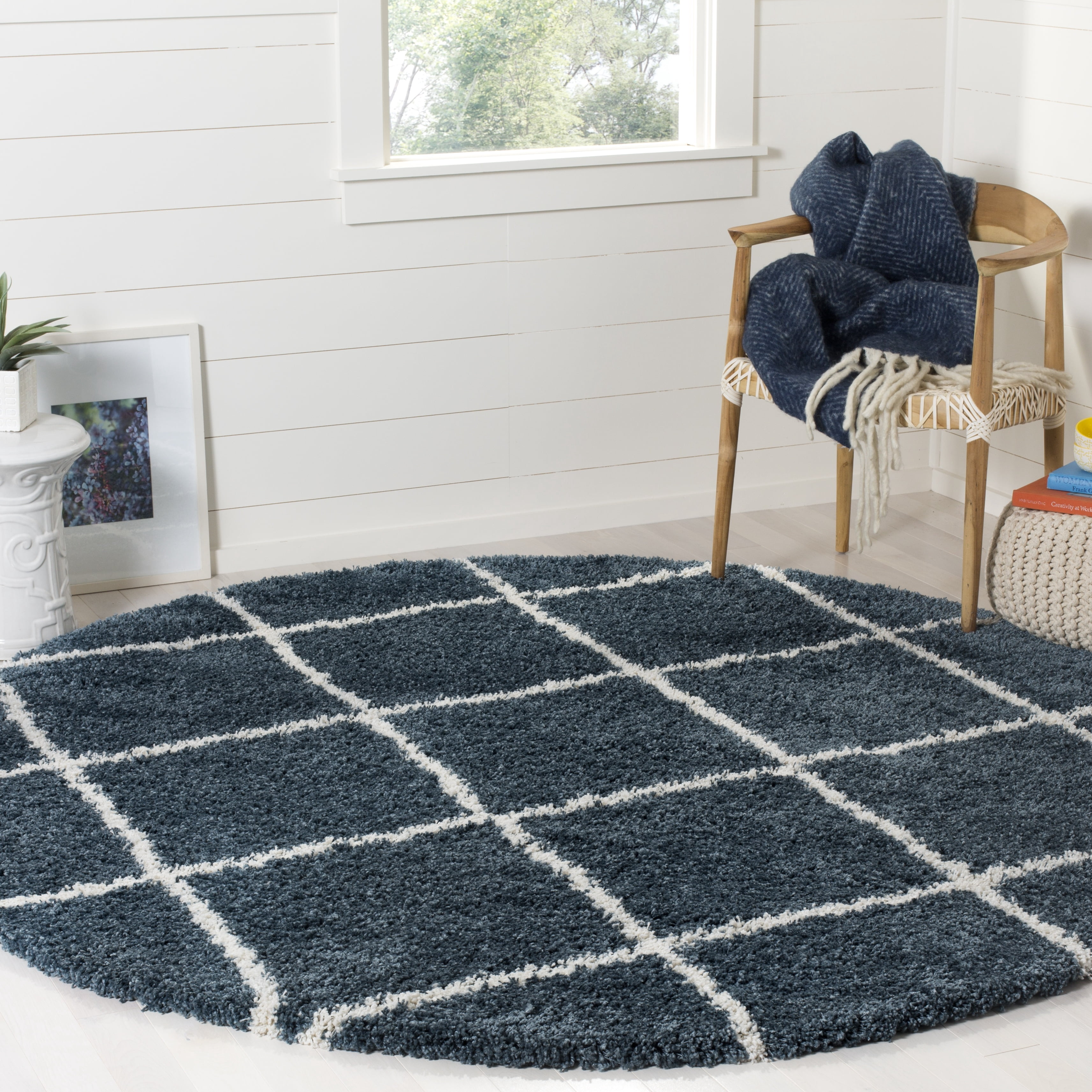 Safavieh Hudson Amias Geometric Shag Area Rug, Slate Blue/Ivory, 4' x 4' Round
