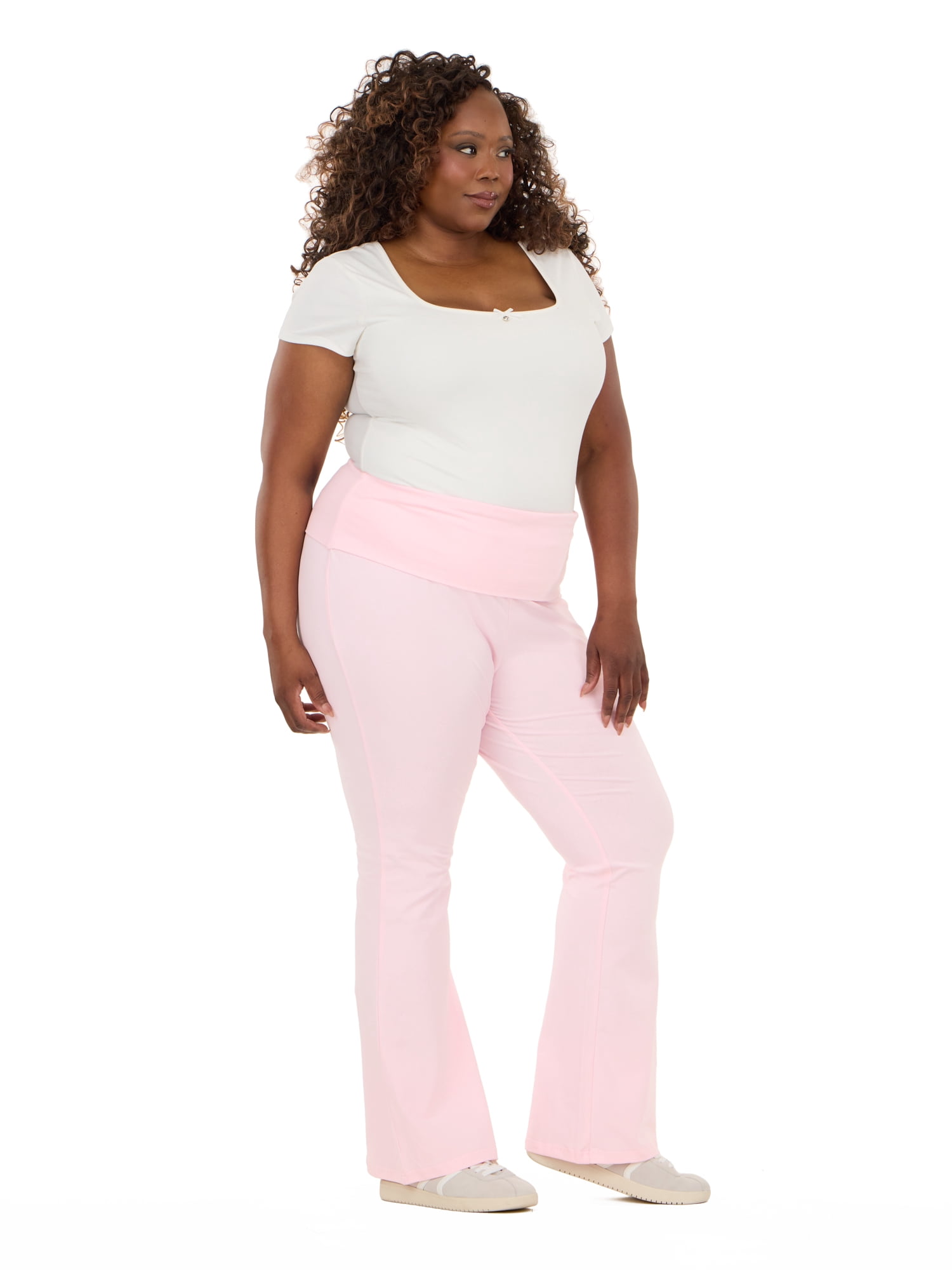 Forever 21 Women's Jersey Fold Over Waist Pants with Graphic Detail, Flare Leg Lounge Pants, Stretch Casual Everyday Comfort Style, Pink, XXS-4X
