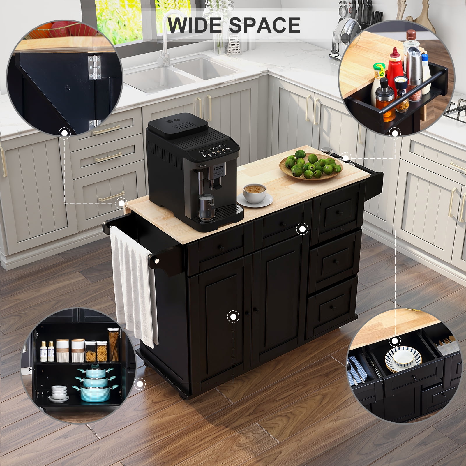 Homrest Kitchen Cart Rolling Mobile Island with Wooden Countertop, Adjustable Shelves and Drawers, Black