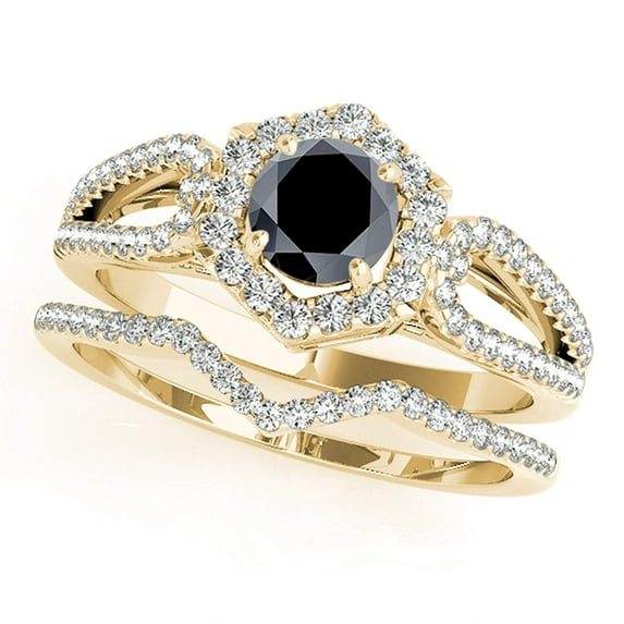 1.50 Ct Halo Black Diamond Engagement Rings - Bridal Set - 14K Gold