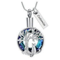 Personalized Cute Cat Urn Necklace for Ashes with Crystal Ring Pet Cremation Keepsake Memorial Jewelry for Ashes for Cat Lover