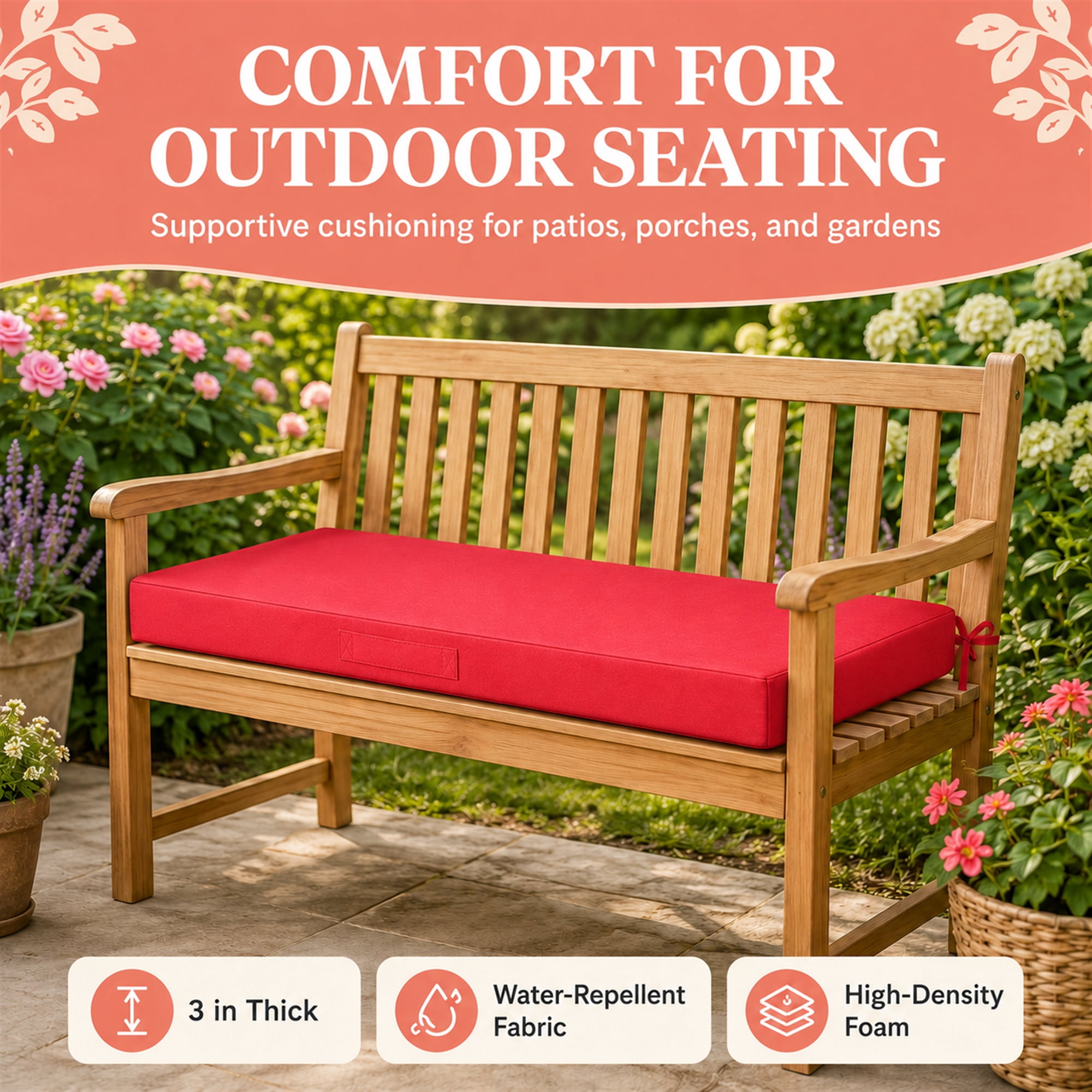 Millsilo 42" x 18" x 3" Outdoor Bench Cushion with Removable Cover, Water-Repellent UV Fade-Resistant Patio Cushion, High-Density Foam, Non-Slip Ties, Red