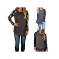 thumbnail image 2 of Women Fashion Patchwork Plaid Print Stitching Long Sleeve O-Neck Cotton Casual T-Shirt, 2 of 3