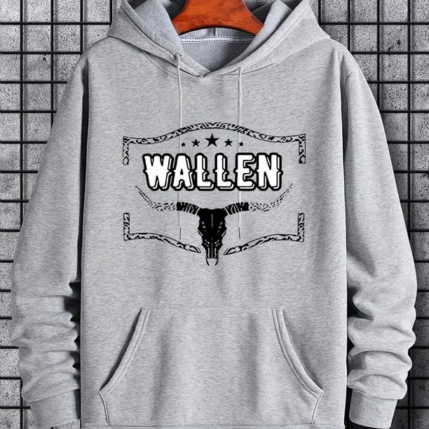 Wallen & Bull Skull Print Hoodie, Hoodies Para Hombres, Sudadera Con Capucha De Diseño Gráfico Casual Para Hombres Con Bolsillo Canguro Para Primavera Otoño, Como Regalos