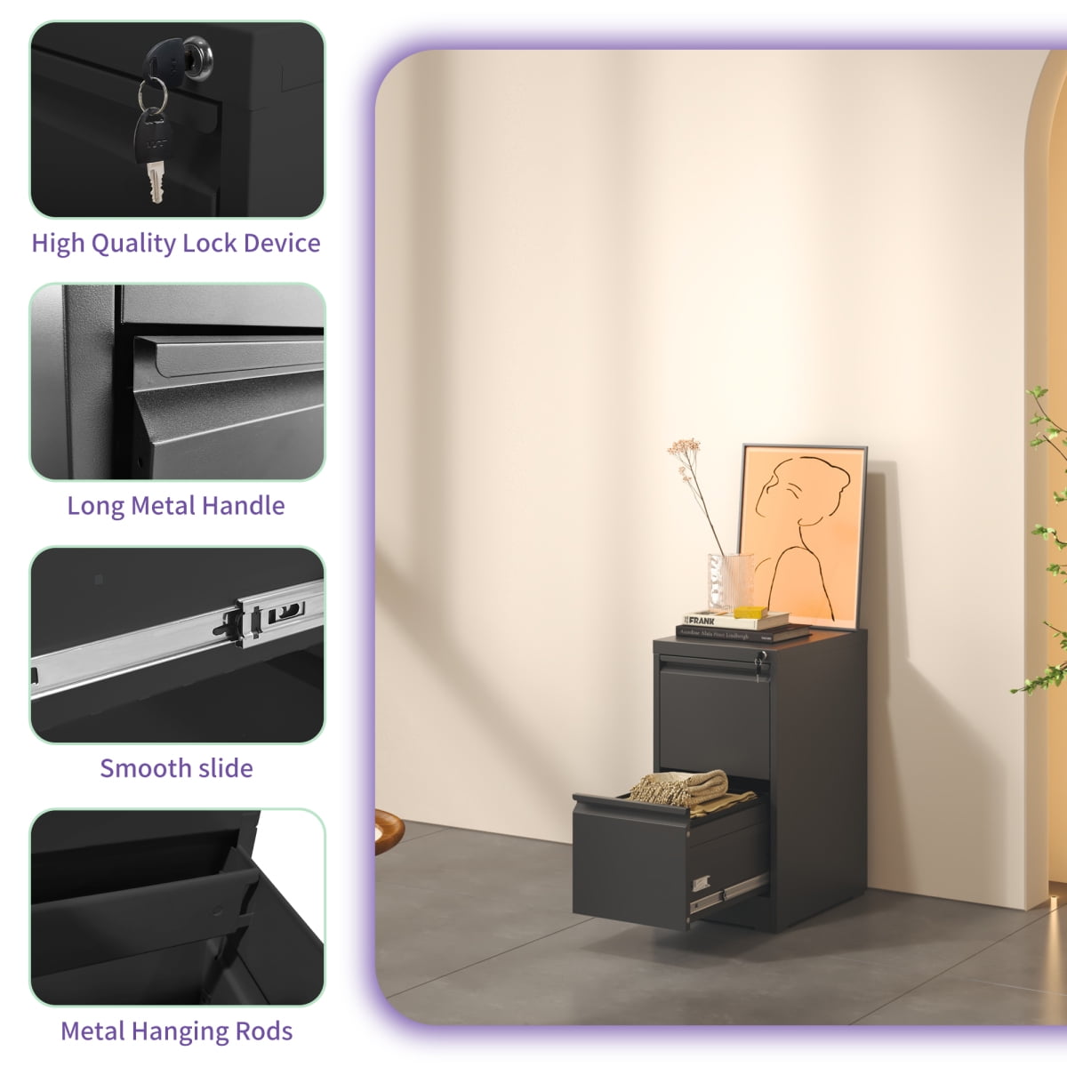 2-Drawer Lockable Metal Vertical File Cabinet Steel Storage for A4/Legal/Letter Sizes Office/Home