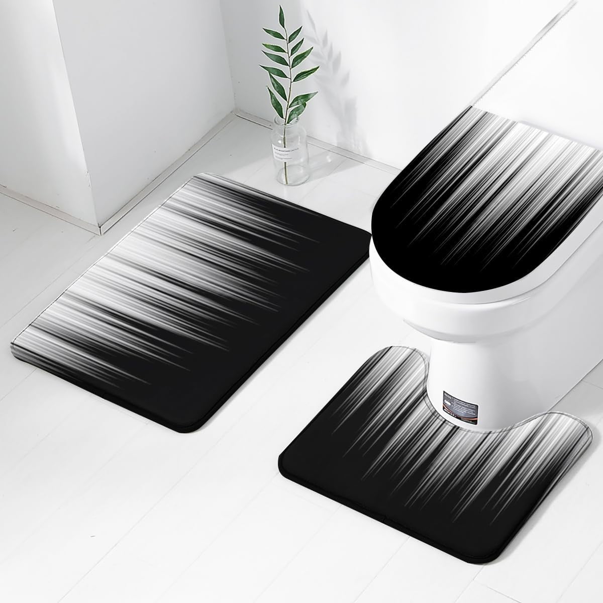 4 Piece Black and Grey Shower Curtain Set White Gray Silver Ombre Mens Cool Gothic Trendy 72Wx72L Curtains Decor with Non-Slip Rugs, Toilet Lid Cover and Bath Mat Bathroom Accessories