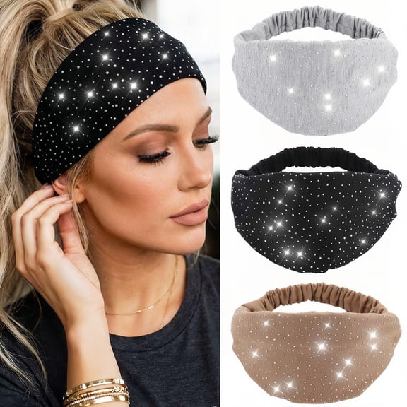 3-Pack Breathable Wide Headbands with Glitter Rhinestones, Soft Elastic Sports Hair Bands & Fashion Turban Wrap, Sweat-Wicking for Women Girls, for Workouts Gym Daily Use
