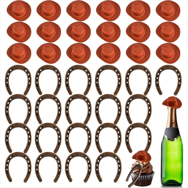 Recuerdos de fiesta con temática del oeste, mini sombreros de vaquero de plástico y herraduras de la buena suerte, centros de mesa con sombreros de vaquero B