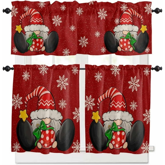 Red Christmas Kitchen Curtains and Valances Set, Rod Pocket Curtains Tier Farmhouse Window Curtains 36 Inch Length, Xmas Gnomes Snowflake Ball Winter Vintage 3 Piece Kitchen Curtains Set