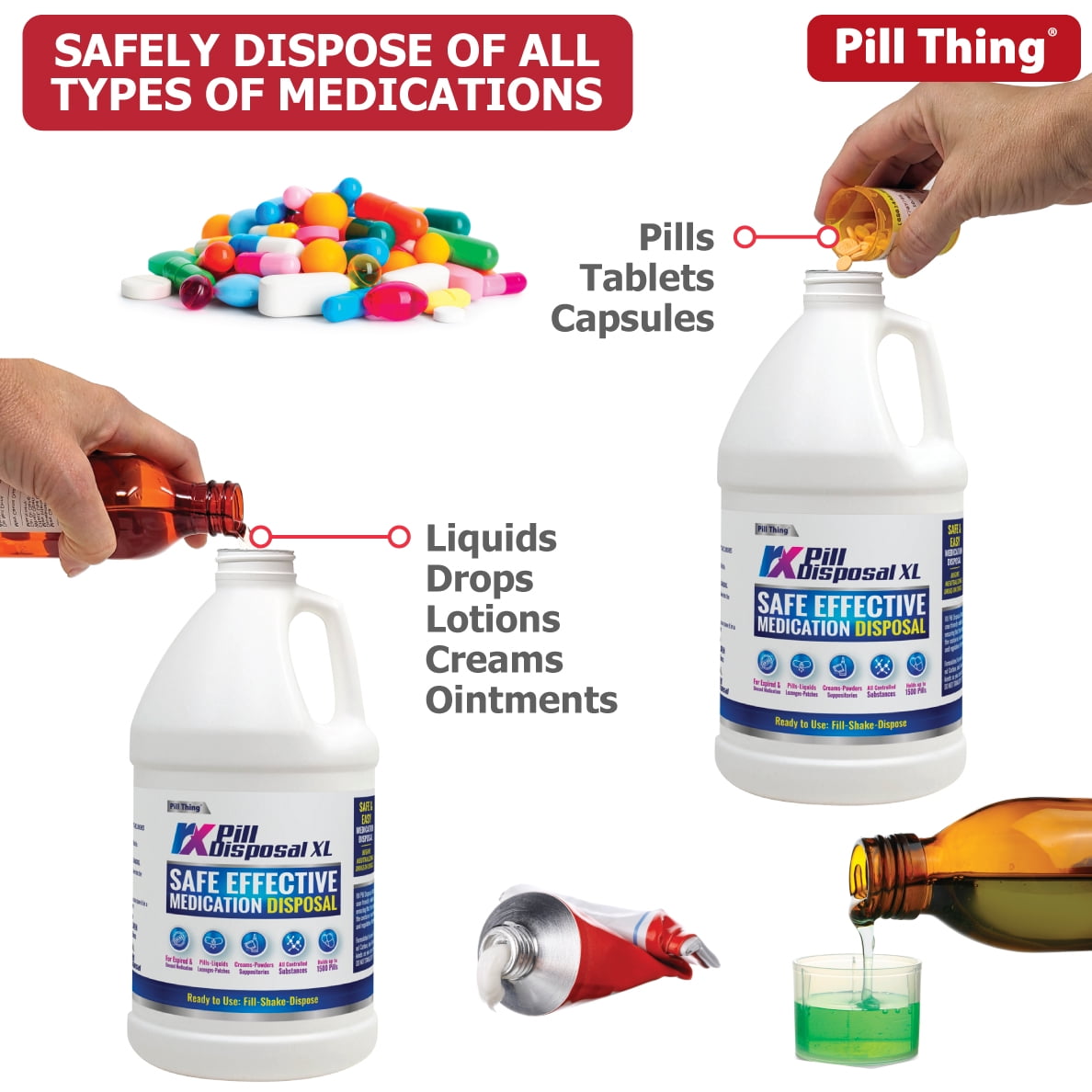 RX Pill Disposal XL, Safe Effective Solution, Destroy and Deactivate Prescription Medication Drug Medicines, XLarge 64oz Capacity