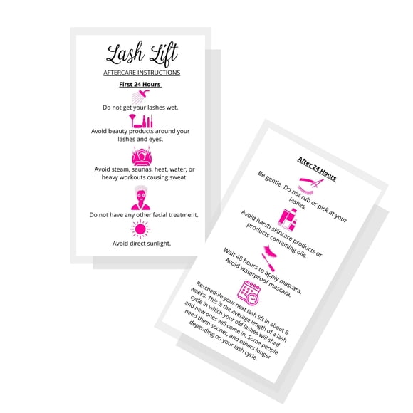 Tarjetas de instrucciones para el cuidado posterior del levantamiento de pestañas | Paquete de 50 | Tamaño de tarjeta de visita de 2 x 3,5 pulgadas | Kit inicial de levantamiento de pestañas en casa S