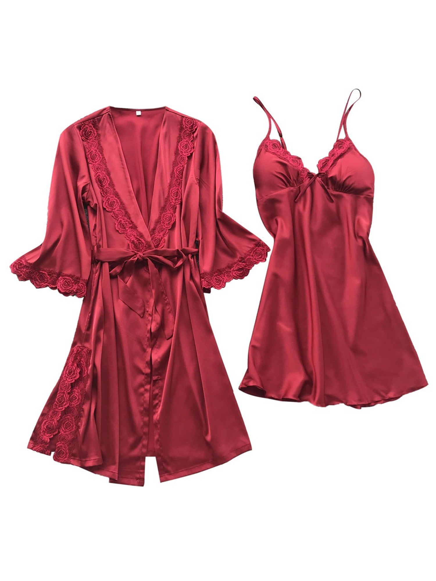 Ma&Baby - Ma&Baby 3Pcs Women Silk Satin Bathrobe Pajamas Robe Lingerie ...