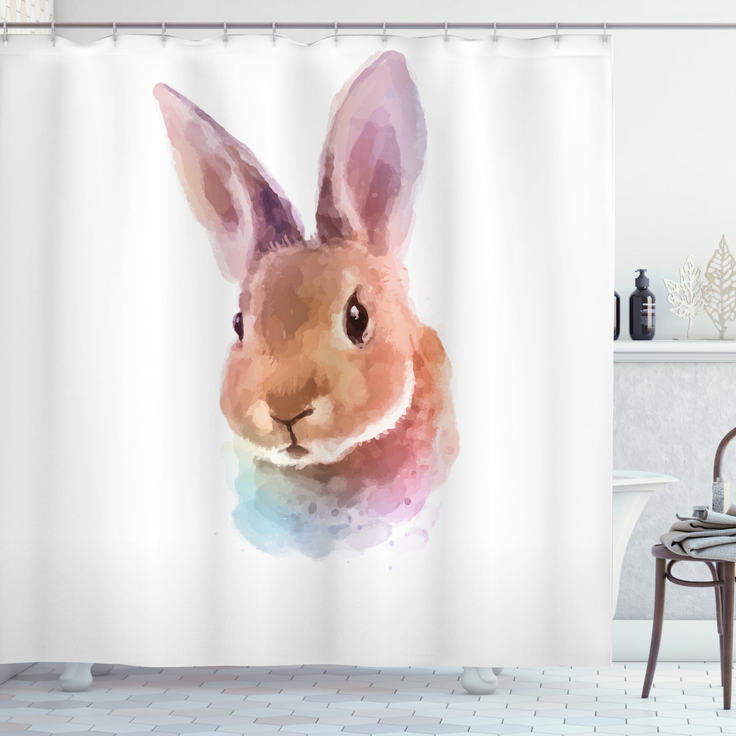 Animal Rabbit And Butterfly Painting Bathroom Fabric Shower Curtain Set 71 Inch 