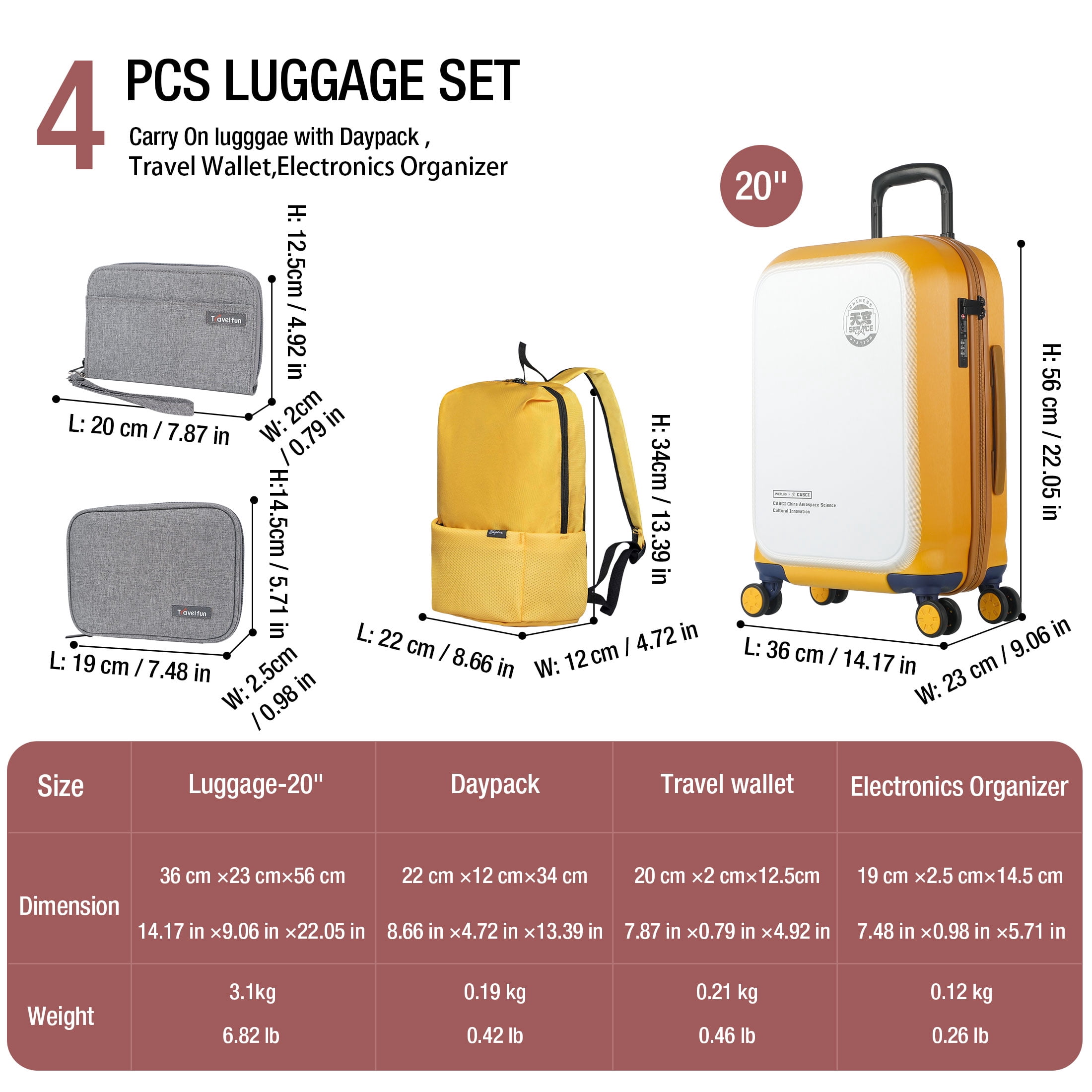 WEPLUS Luggage Sets 4 Piece,20" Hardside Carry-On Luggage, Hardshell Suitcase With Wheels, With Scratch-Resistant Surface, Four Multi-directional Wheels