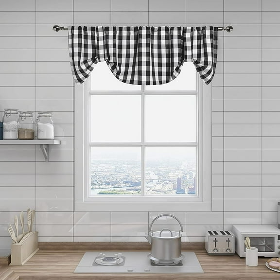 Bohogeo Black and White Buffalo Plaid Kitchen Curtain Valance,Gingham Tie-up and Straight Cafe Window Treatment,56" x 18",1 Panel