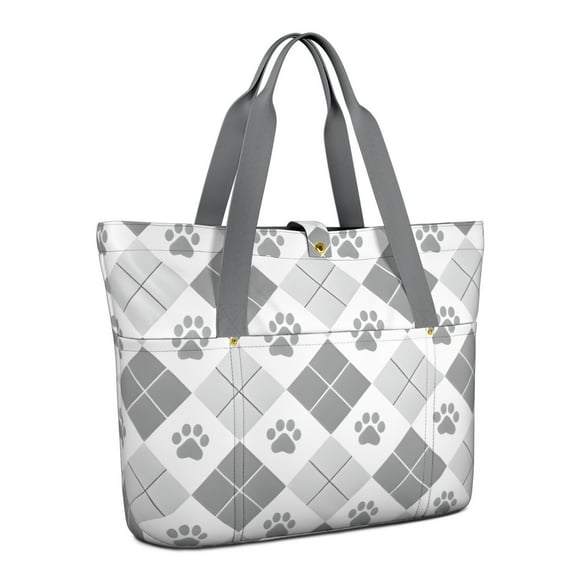 Tote Bag for Women - Pawprints Argyle Shoulder Bag - Large Utility Work Duffle Bag with Zipper Handbag for Travel, Work, Sprots