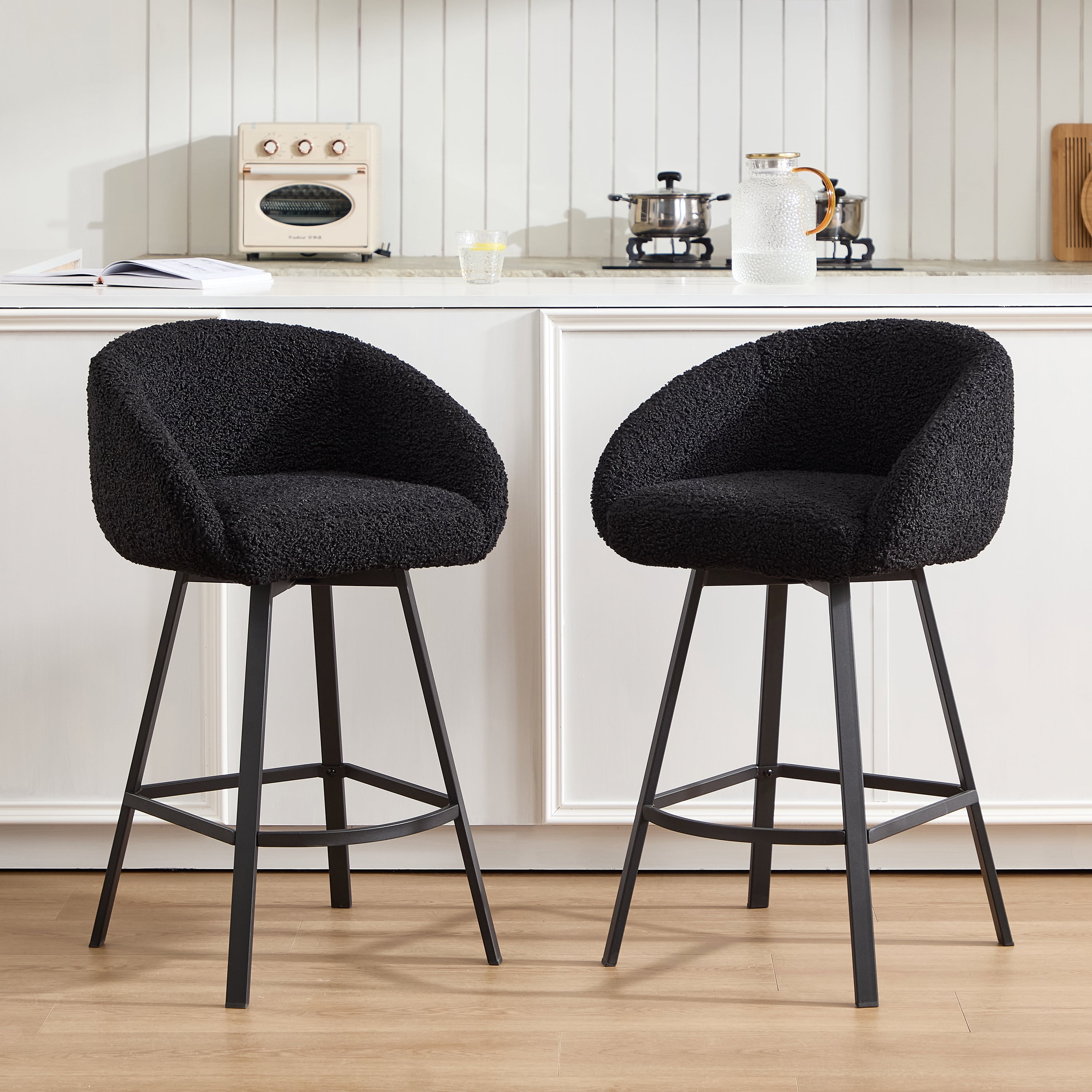 Zesthouse 26.4" Counter Height Swivel Bar Stools Set of 2, Sherpa Barrel Bar Stools with Backs, Modern Boucle Counter Stools for Pub Kitchen Island, Black