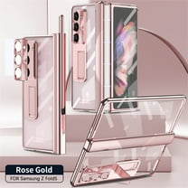 ELEHOLD Rugged Clear Case for Samsung Galaxy Z Fold 5 with Magnetic Hinge Protection Built-in Screen Protector, with Stylus Hidden Kickstand Lens Protection Plating Shockproof Luxury Case,Rosegold