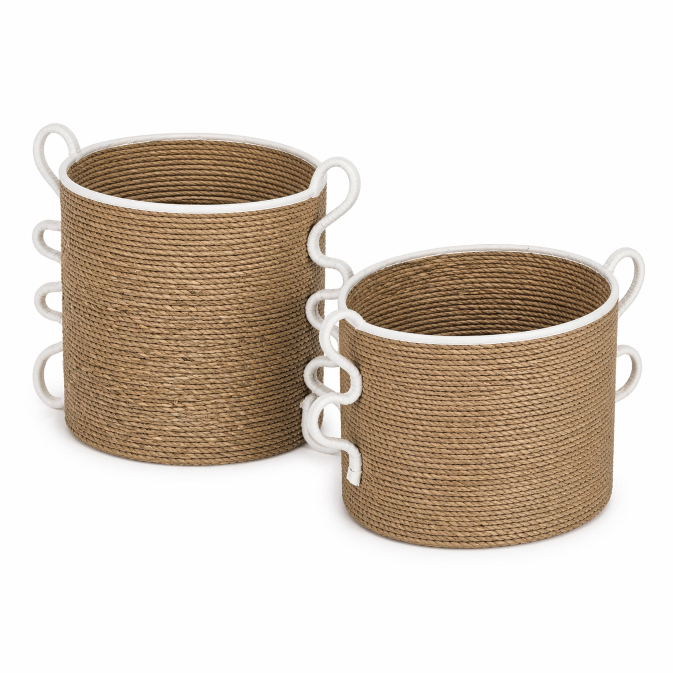 DecMode 10", 13"W Brown Seagrass Handmade Woven Storage Basket with Cream Arched Handles, 2-Pieces