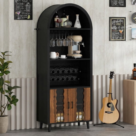 Resenkos 71 Inch Farmhouse Arched Wine Bar Cabinet, Display Storage with Wine Rack & Glass Holder for Dining Room, Black Natural