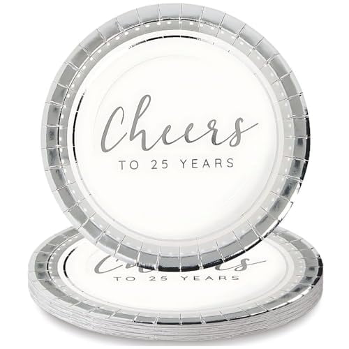 Fun Express Cheers to 25 Years Silver Anniversary Party Paper Dessert Plates - Disposable Tableware Dessert Plates for Birthday Wedding Treats and Festivities Graduation Party Supplies - 24 Pieces