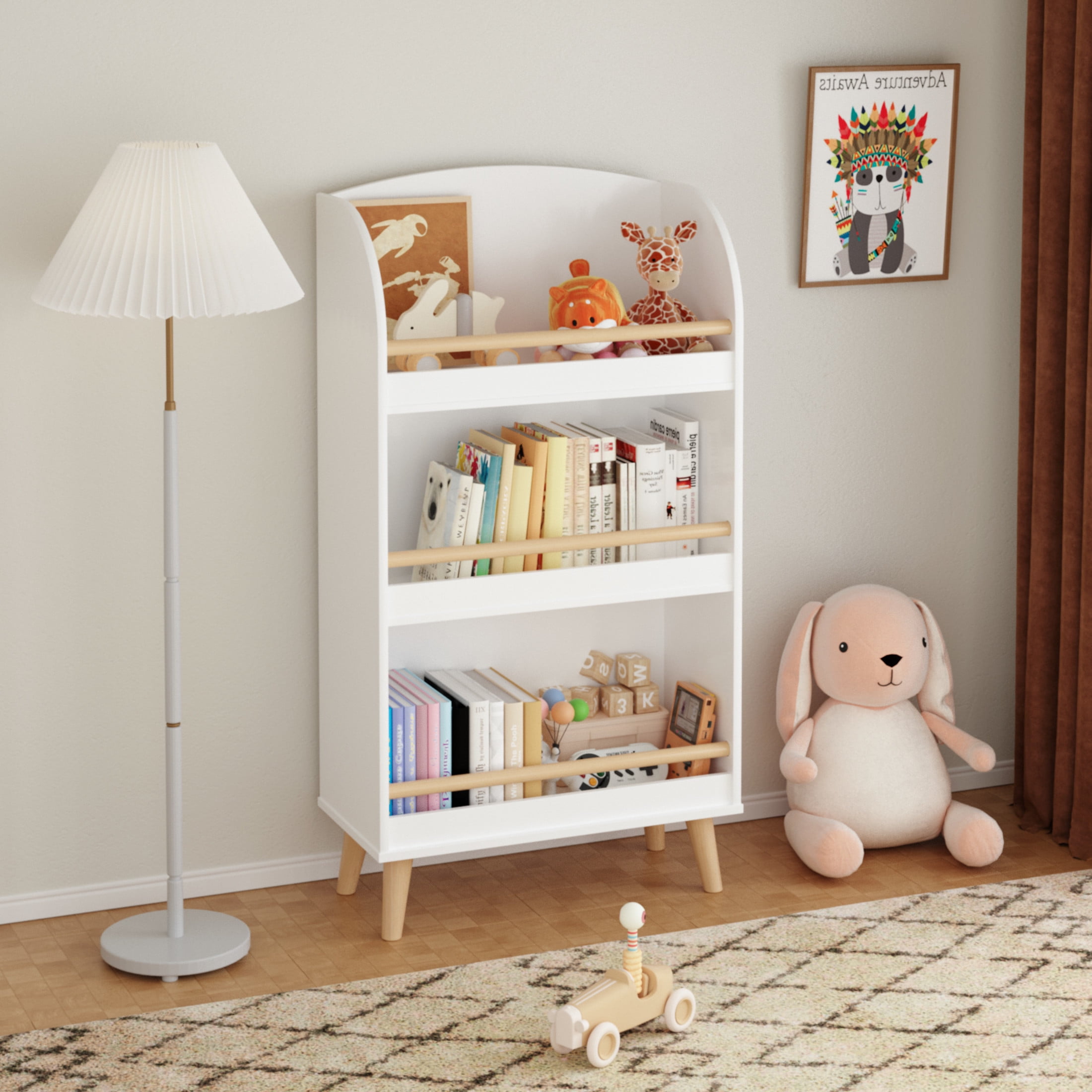 Noble House 3-Tier Kids Bookshelf and Toy Storage Cabinet, MDF and Pine Book Organizer for Nursery or Playroom, White