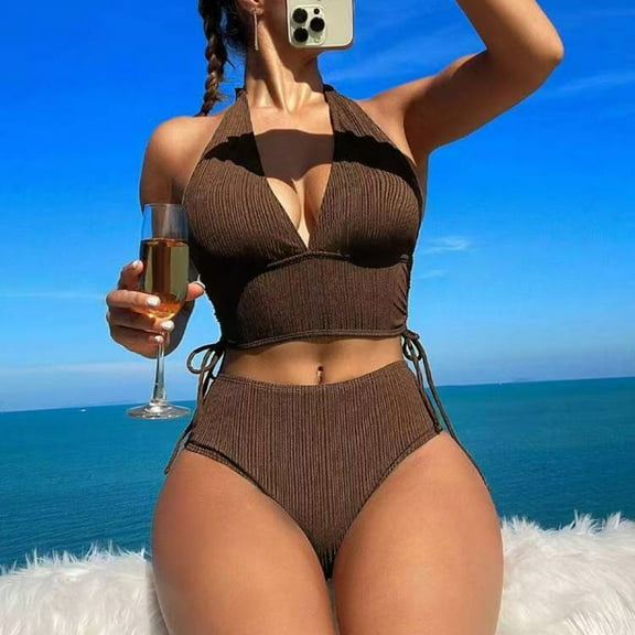 Brown Swim Suits for Women 2025 Swimwear Women's Split Bikini Printed Solid Color Set Swimwear