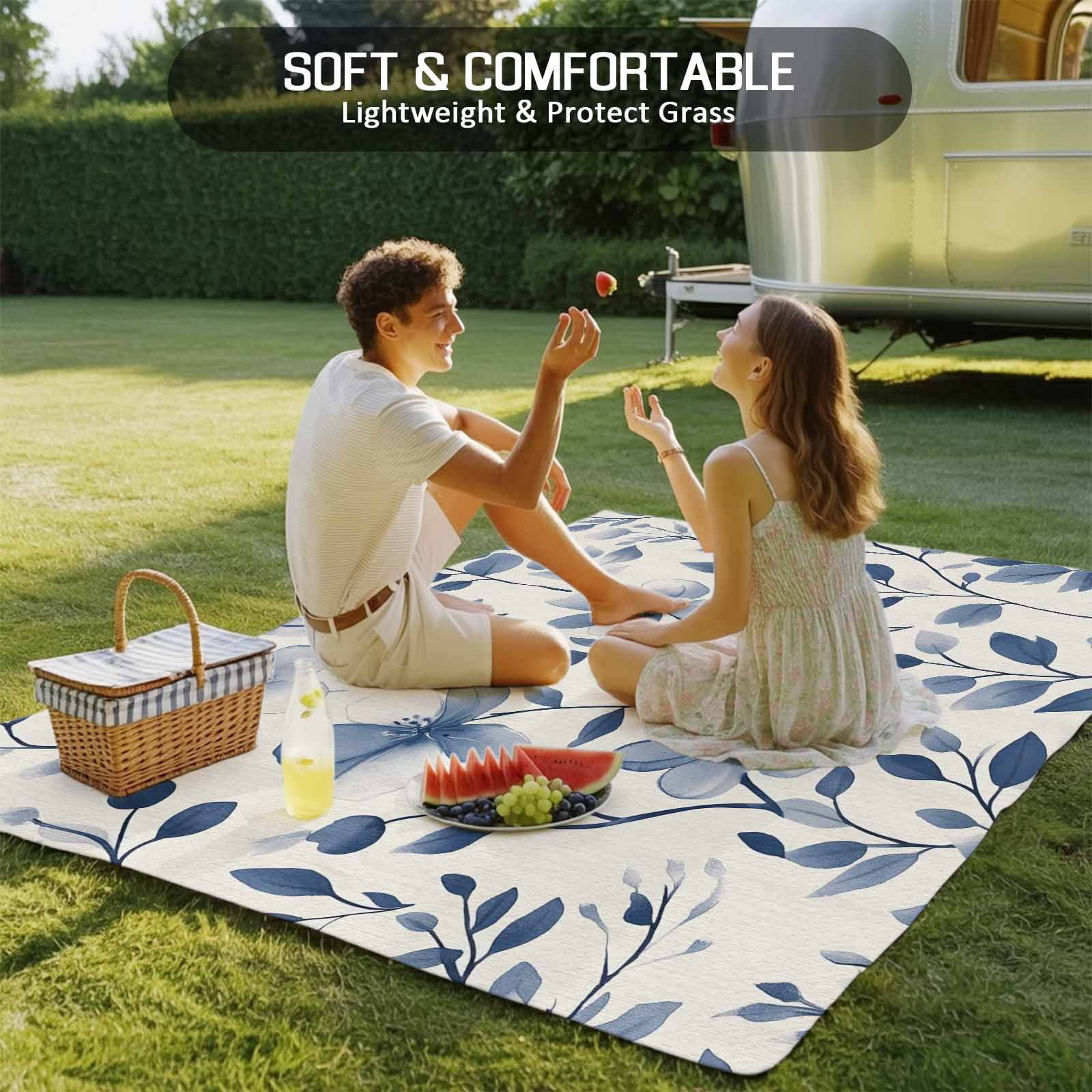 Outdoor Rug 5x8ft Ombre Blue Flowers Large Area Rug Leaf Plant Indoor Outdoor Carpet Outdoor Rugs Mats for Patio Camping,RV,Front Door, Outside Decor