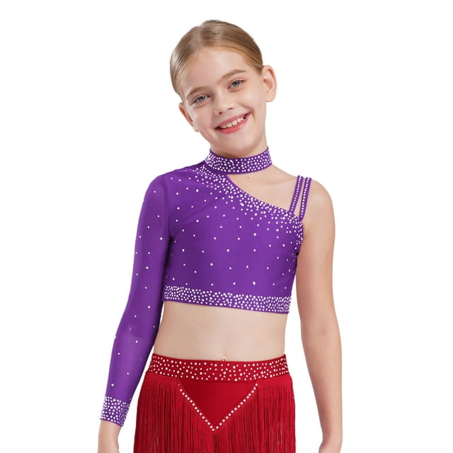 Runhomal Kids Girls Shiny Rhinestone Irregular Shoulder Lyrical Modern Latin Jazz Ballet Dance Crop Tops Athletic Shirts Purple 6