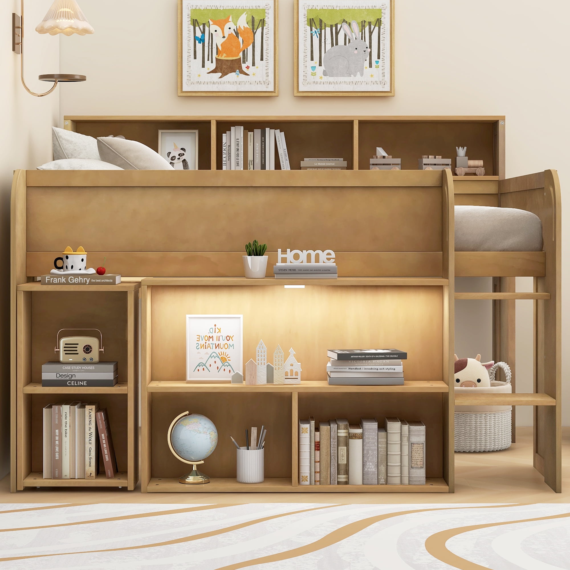 Euroco Wood Full Size Loft Bed with Storage Shelves Desk and LED Light, Walnut