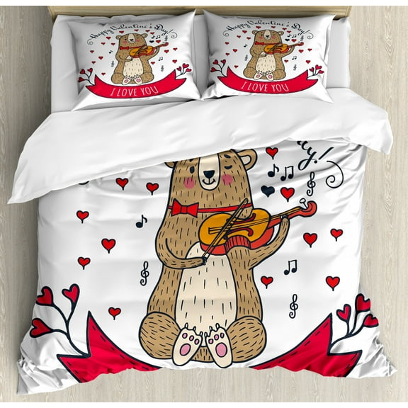 Valentines Day Duvet Cover Set, Teddy Bear Violin Made Romantic Music Notes Heart I Love You, Decorative 3 Piece Bedding Set with 2 Pillow Shams, King Size, Red Brown, by Ambesonne