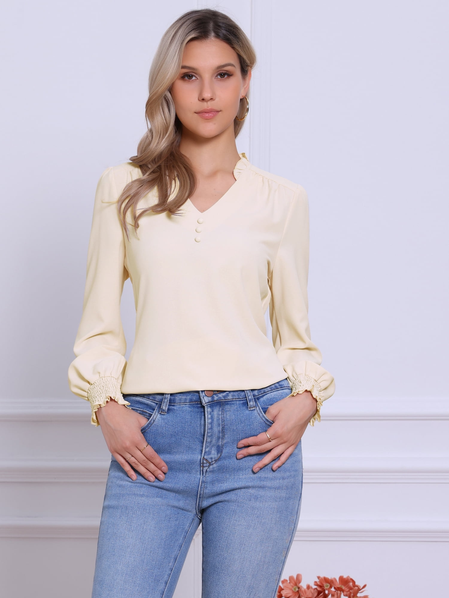 DARING DIVA Women's Vintage Ruffle V Neck Puff Long Sleeve Shirts M Apricot
