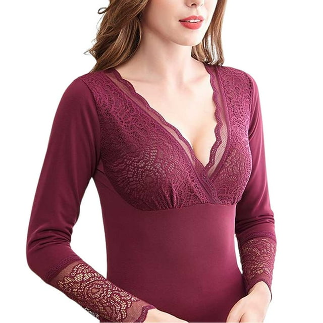 Jumpingount Ropa interior térmica para mujer, jersey con forro de terciopelo de manga larga, Otoño Invierno, hogar, oficina, escuela, camisetas cálidas Ropa interior Rojo púrpura 3XL Jumpingount AP013492-08
