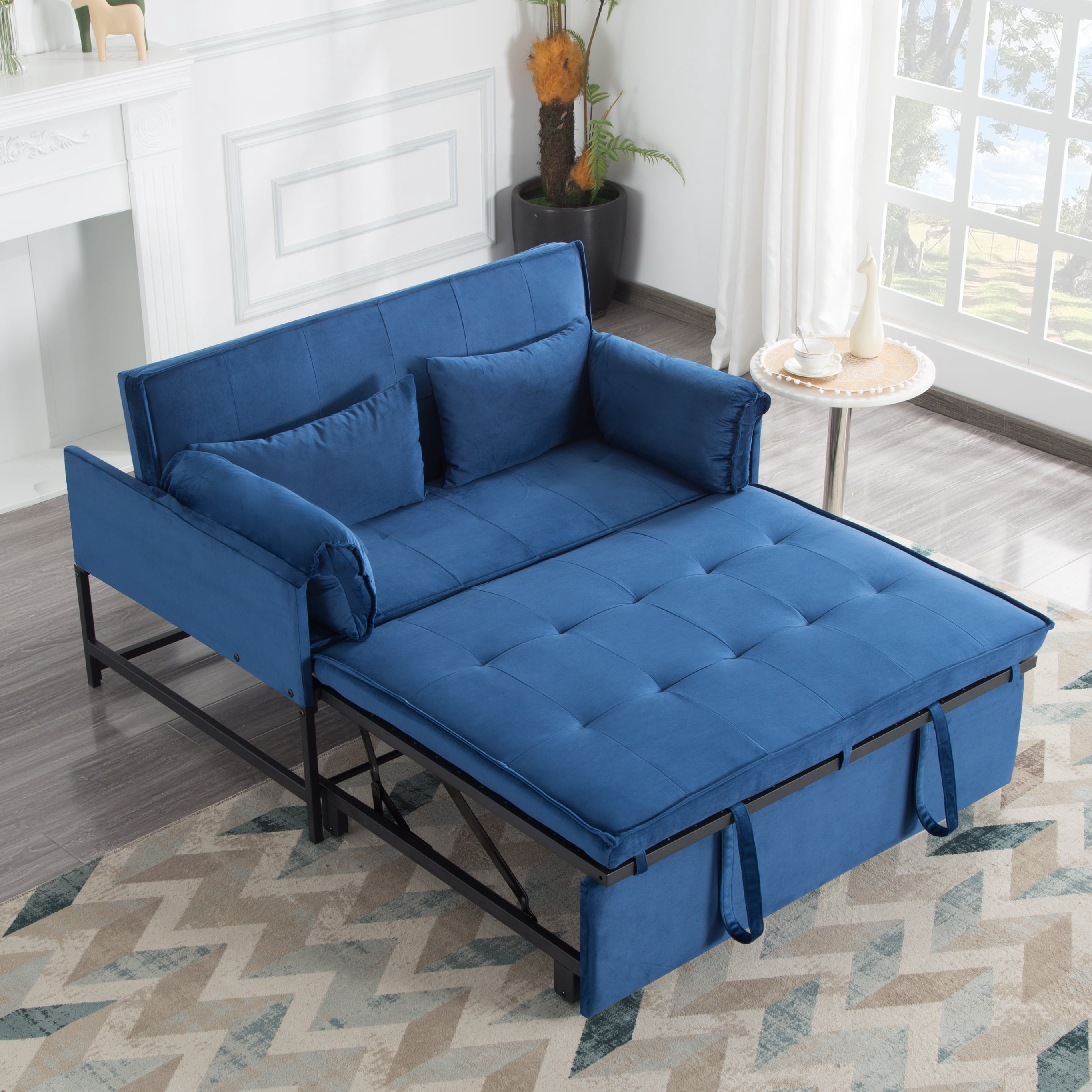 Gewnee 46"3 in 1 Convertible Sofa Bed,Pull-out Sleeper with 5 Reclining Positions for Living Room,Apartment,Velvet Navy Blue