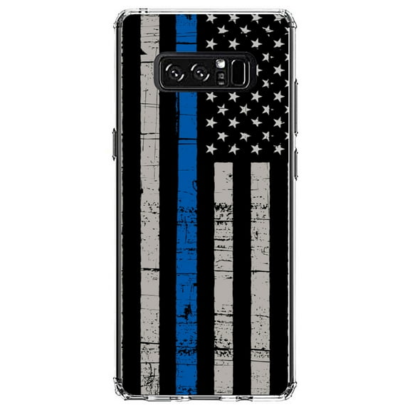 DistinctInk Clear Shockproof Hybrid Case for Samsung Galaxy Note 8 - TPU Bumper, Acrylic Back, Tempered Glass Screen Protector - Weathered Thin Blue Line US Flag - First Responders