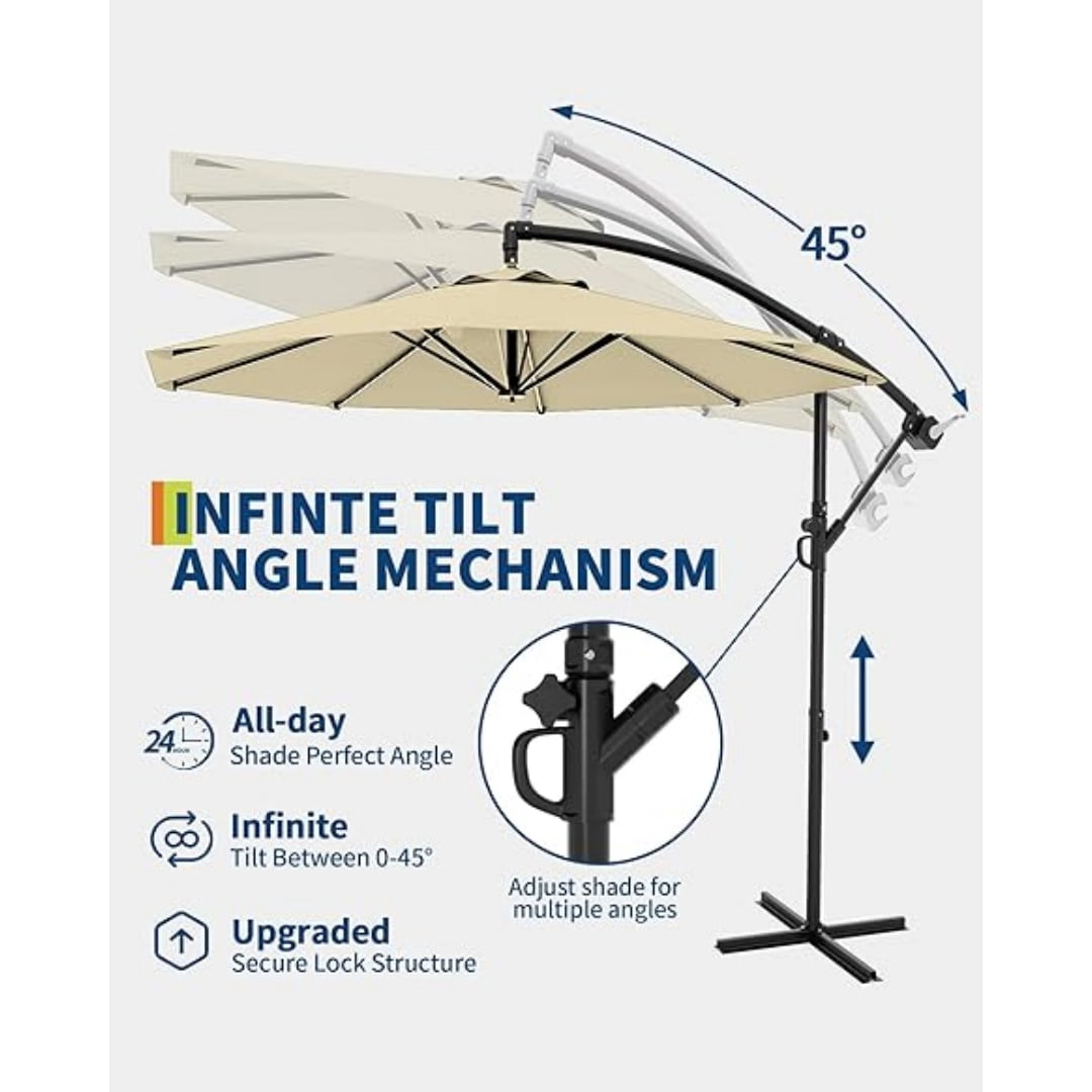 10FT Cantilever Patio Umbrella with Heavy-Duty Cross Base, Outdoor Offset Market Umbrella with Infinite Tilt & Easy Crank Lift – Waterproof, UV-Resistant, Wind-Resistant, Sturdy Aluminum Pole