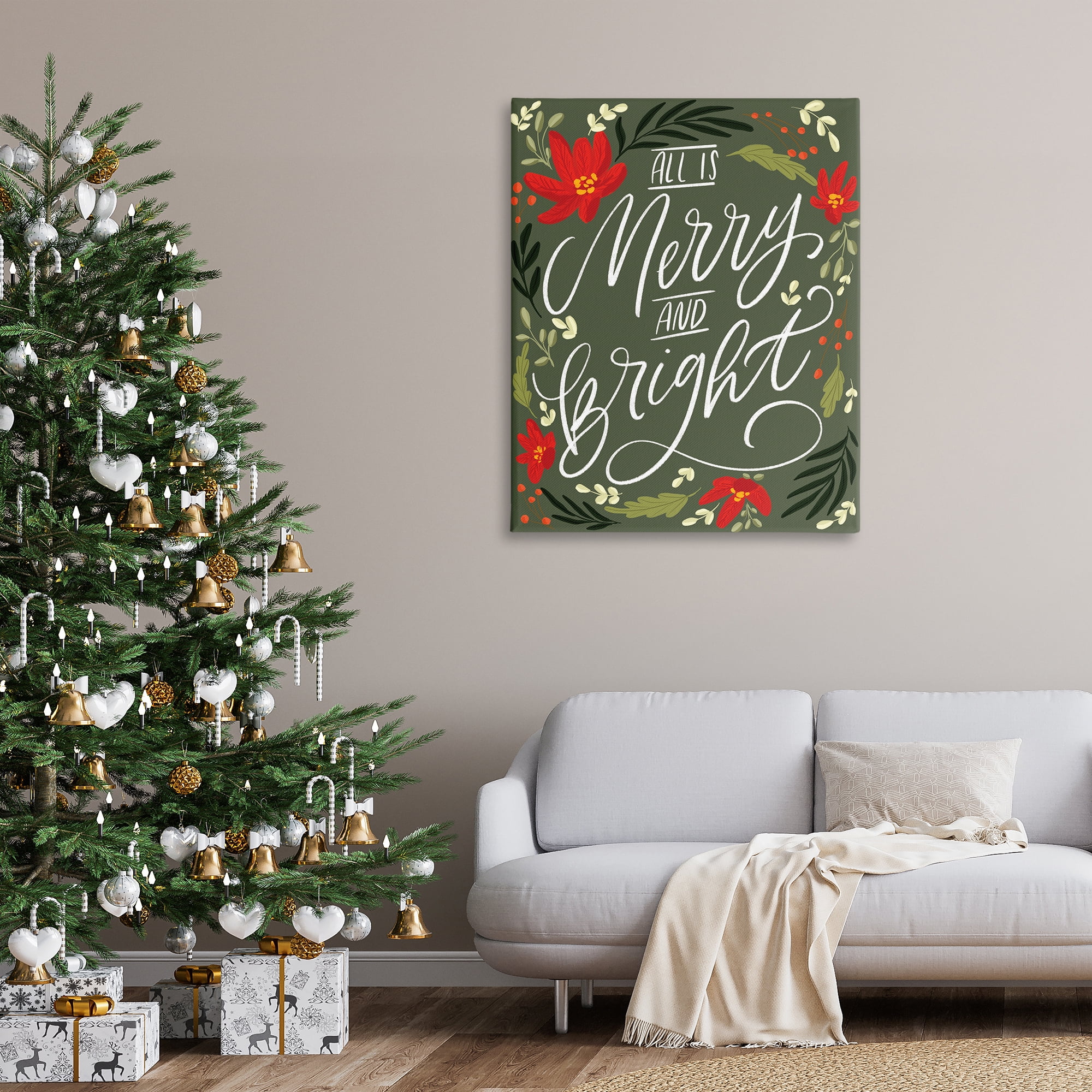 Stupell Industries Floral Merry and Bright Holiday Painting Gallery Wrapped Canvas Art Prints Wall Art, 36 x 48