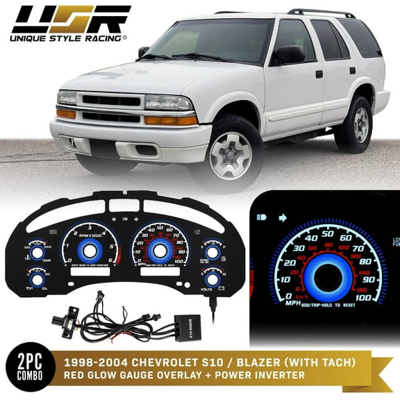 BLUE Glow Gauge Black Overlay For 98-04 Chevy S10/Blazer TACH Instrument Cluster