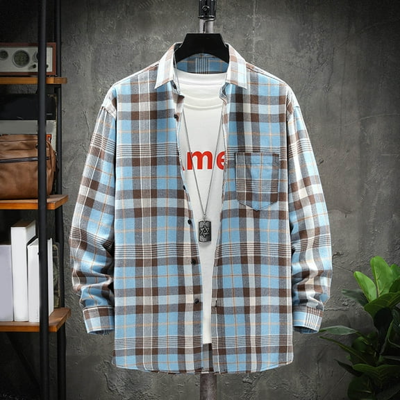 Mens Flannel Shirt Long Sleeve Fashion Casual Collar Regular Fit Plaid Shirt Lightweight Versatile Fall Button Classic Basic Tops With Pocket Light Blue XXL
