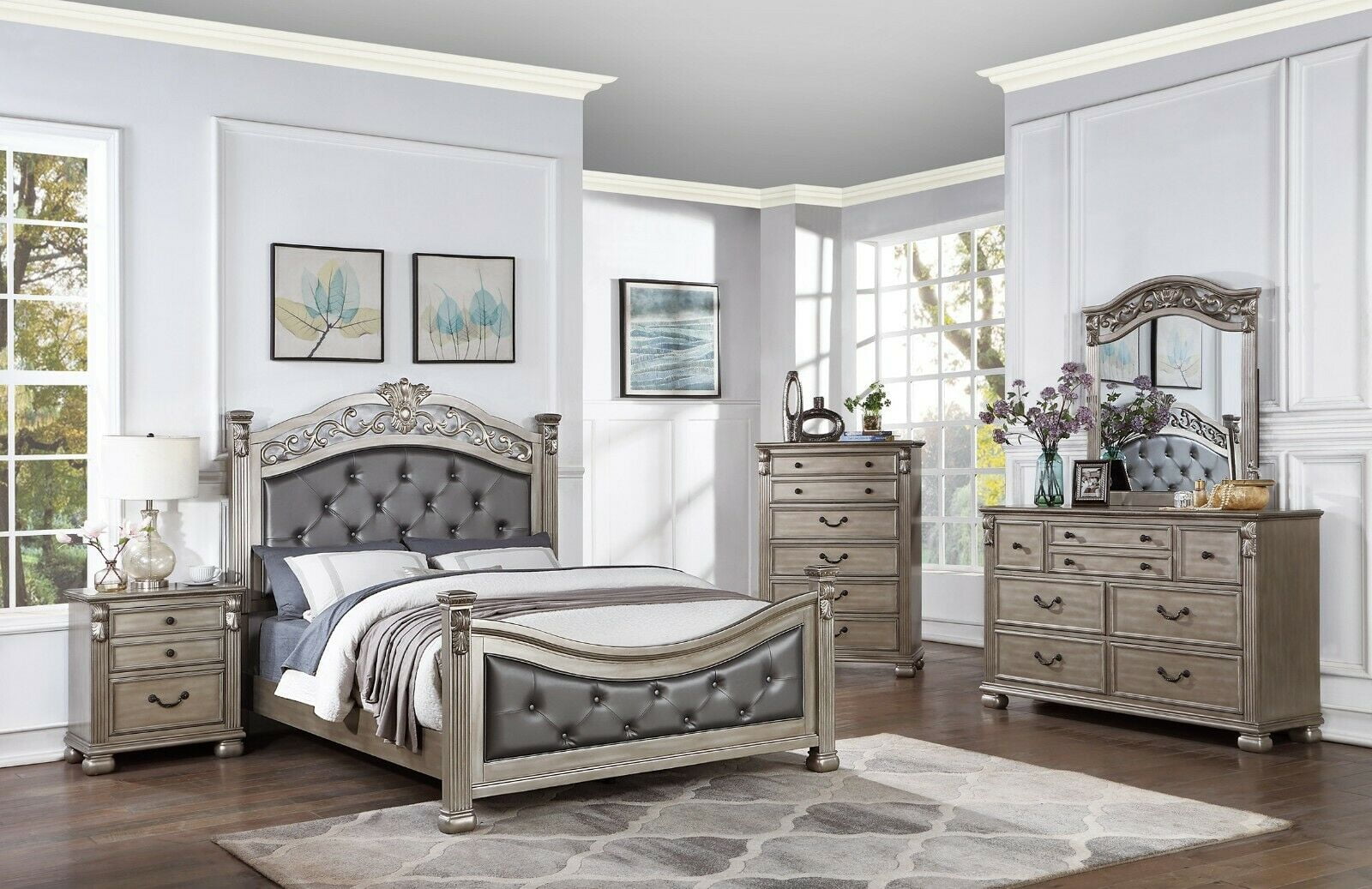 Luxurious Bedroom Transitional Formal Queen Bed Posts HB FB 6pc Set Dresser Mirror Chest 2x