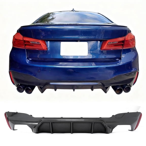 Ikon Motorsports Rear Diffuser Fits 2017-2023 BMW 5 Series G30 M Sport, F90 M5 Competition Style Carbon Fiber Print PP, Bumper Lower Spoiler Shark Fin