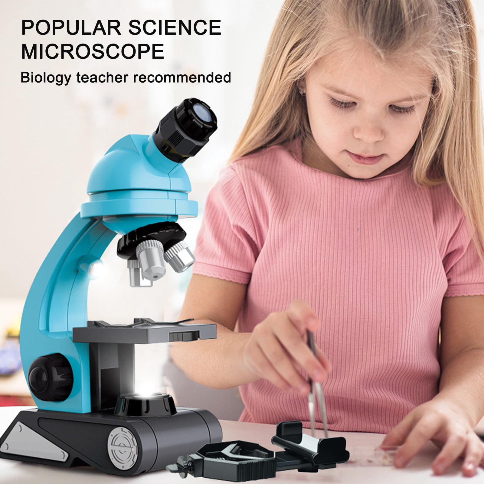 Microscope Monoculaire Pour Enfants - Grossissement 64X à 2400X - Avec Support Smartphone Et Lampe