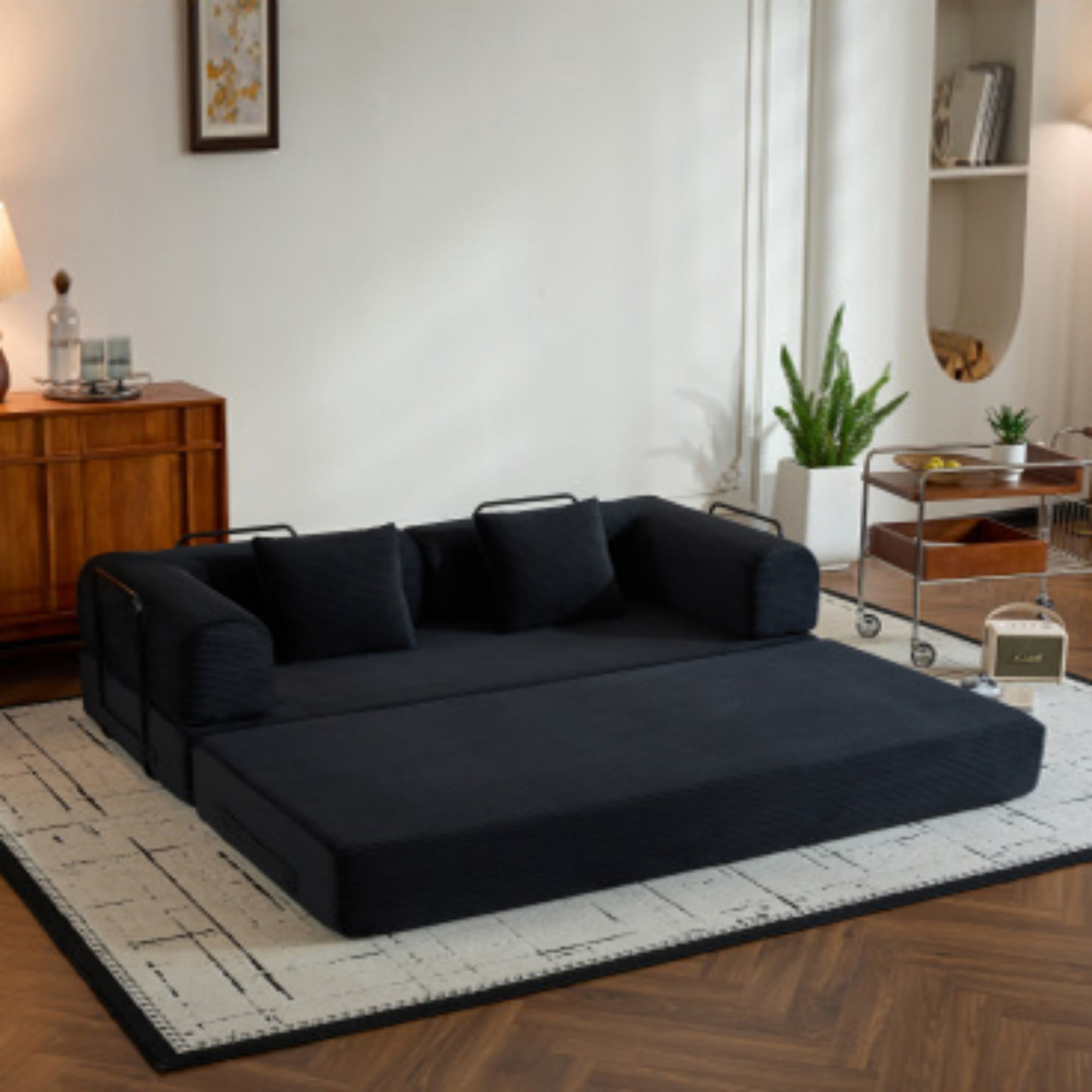 BSHTI 77" Corduroy Convertible Sleeper Sofa Bed with Cylindrical Pillow, No Assembly, Small Space for Living Room（Black）