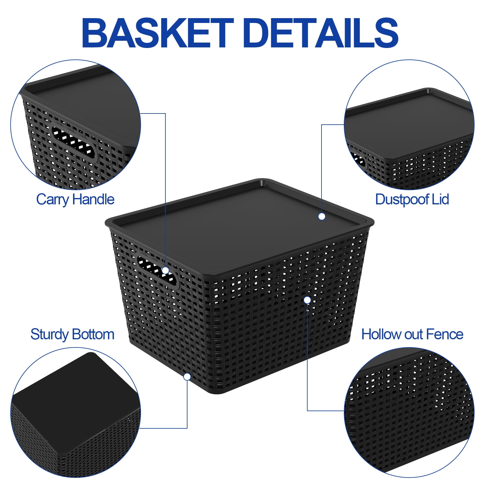 Ramddy Large Plastic Basket with Lid, Black Woven Storage Baskets, 6 Pack