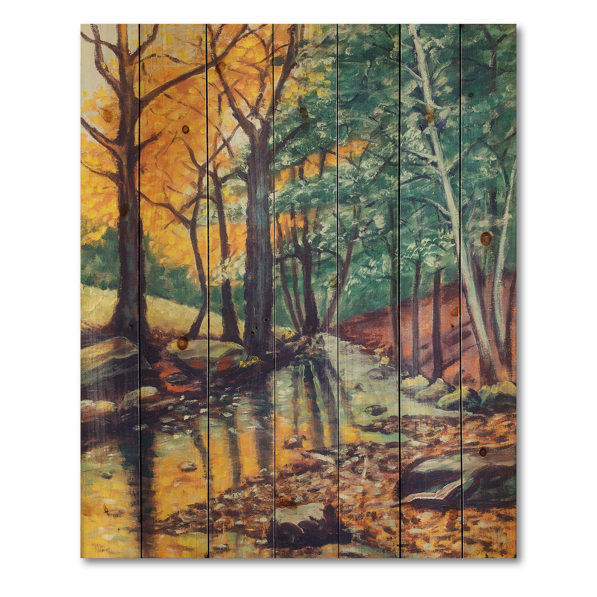 Designart 'Landscape With Autumn Forest Sunset River' Traditional Print on Natural Pine Wood