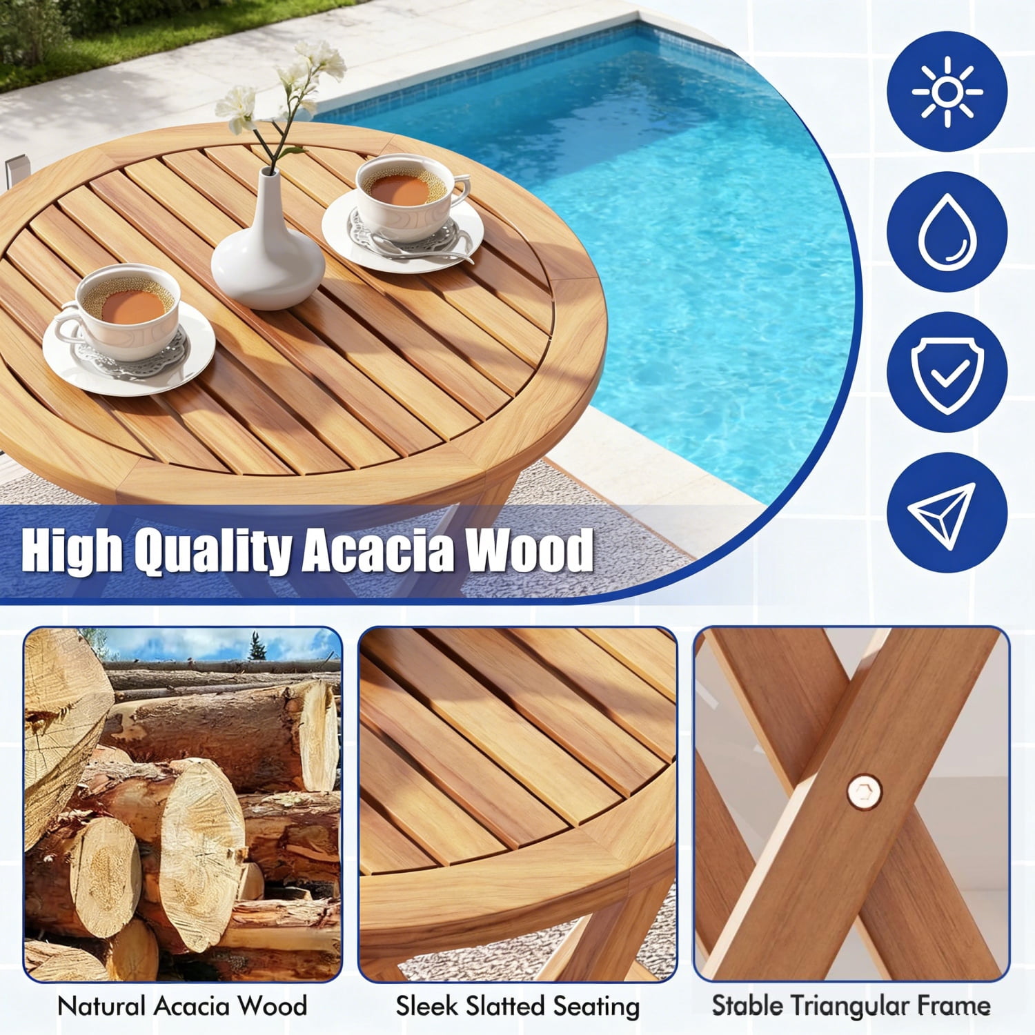 Hommoo 3 Pcs Acacia Wood Patio Bistro Set, Outdoor Folding Table and Chair Set with White Cushions
