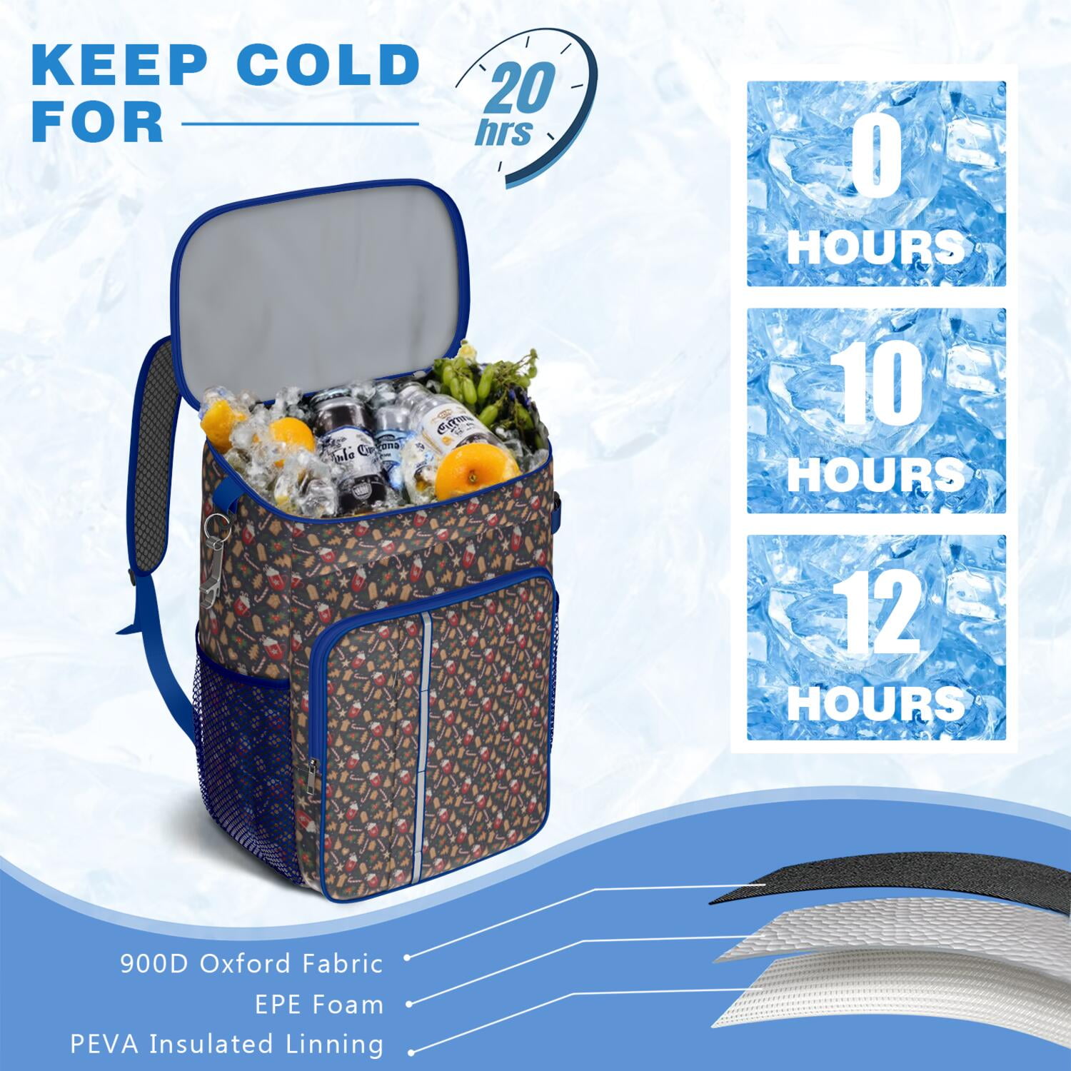 Travel Cooler Bag - Dark Christmas Drink and Cookie Pattern Camping Beer Cooler Backpack with Bottle Opener- Waterproof Insulated Picnic Backpacks - Cooler Bag for Beach